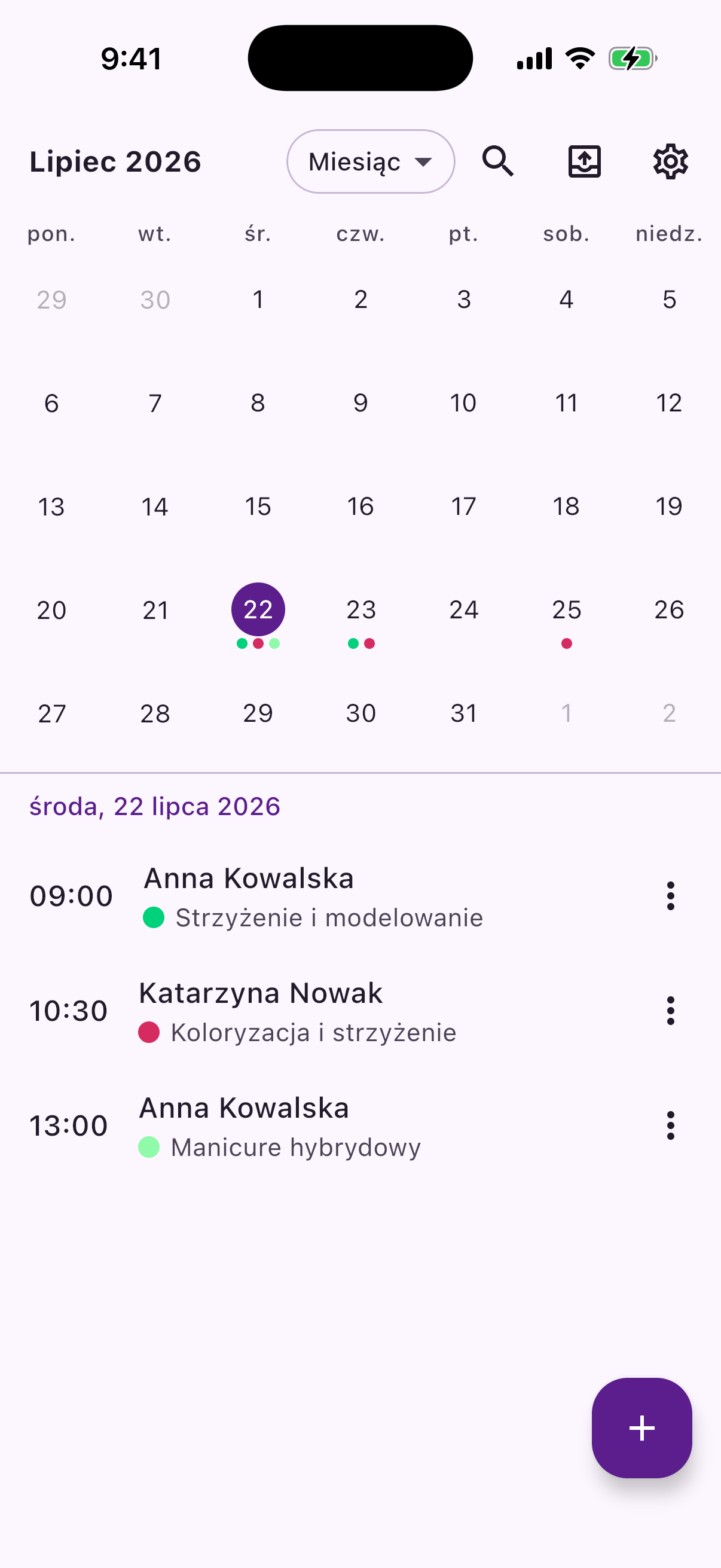 Reeminder's month calendar, with each day's appointments shown as colour-coded dots