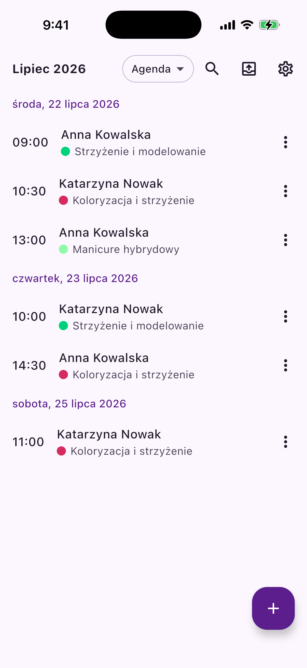 Reeminder's agenda view, listing each client and service in time order