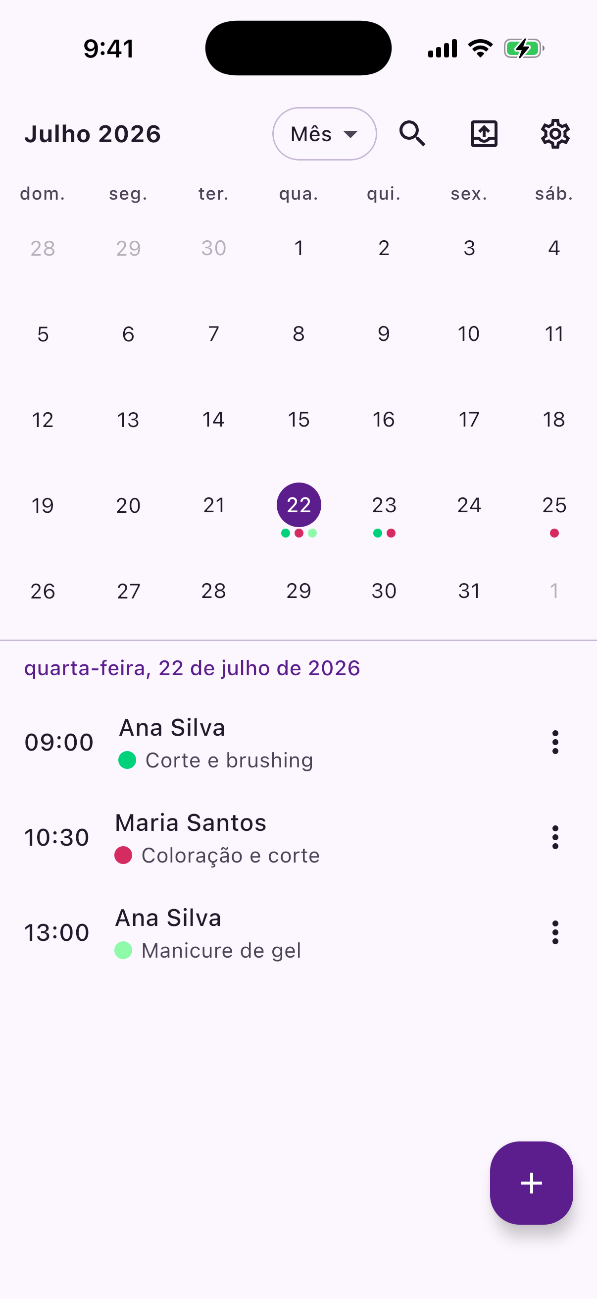 Reeminder's month calendar, with each day's appointments shown as colour-coded dots