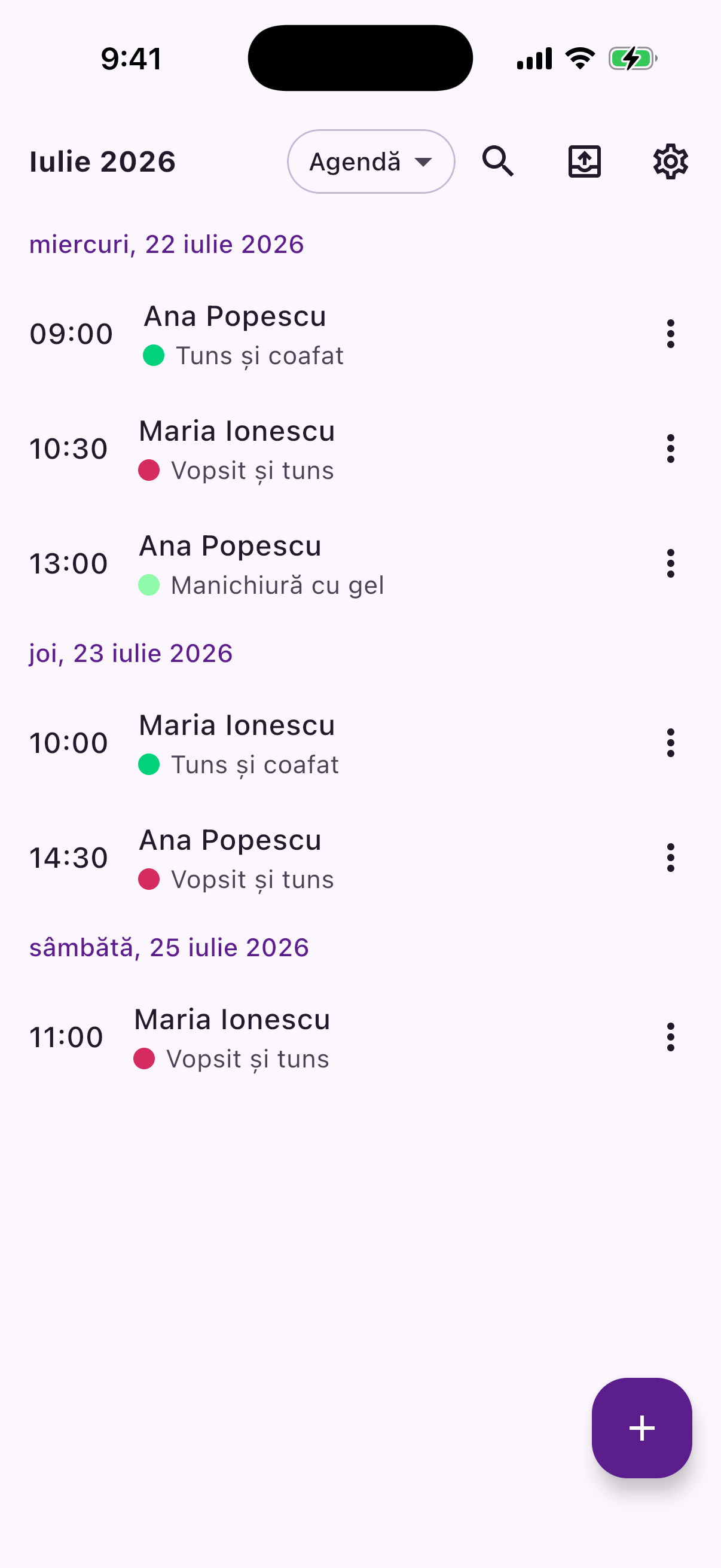 Reeminder's agenda view, listing each client and service in time order