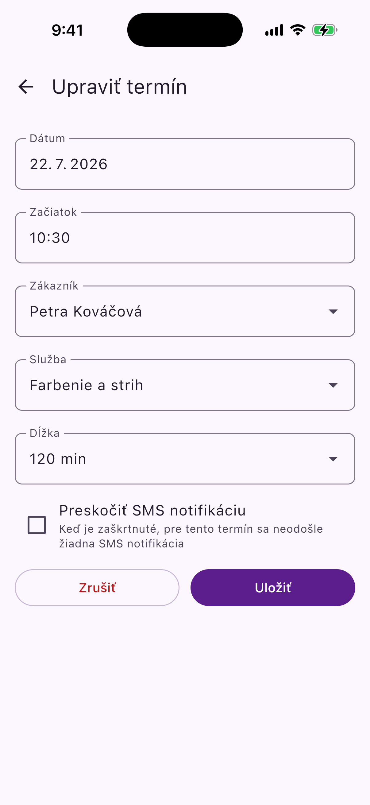 An appointment in Reeminder, showing the reminder SMS it has prepared